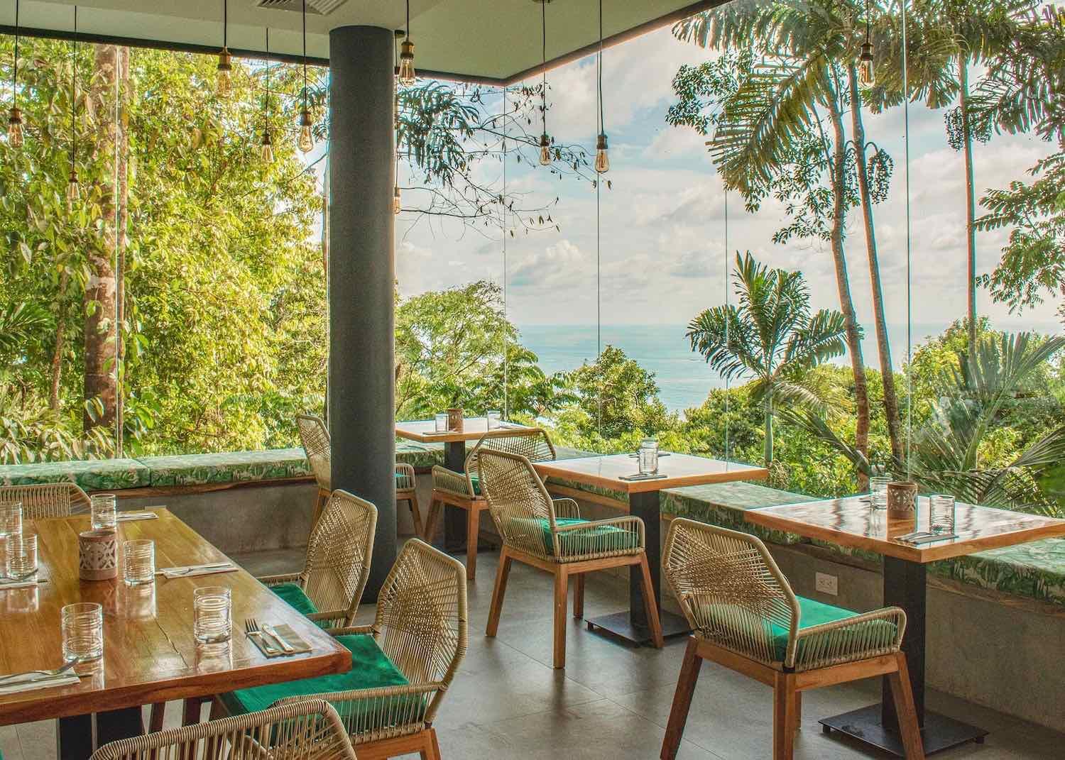 Tropical restaurant interior with ocean view